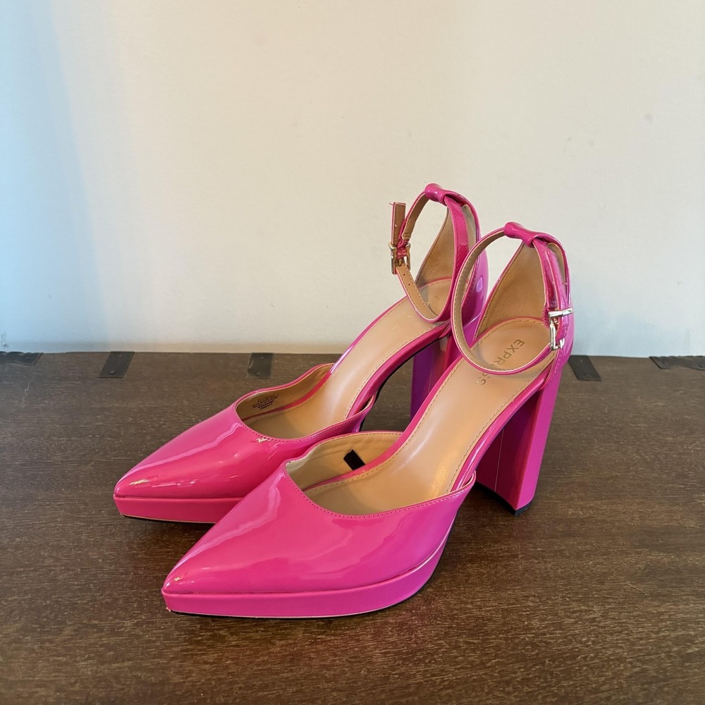 Express‎ Shoes Womens Size 8 Pink Patent Platform Block Heel Ankle Strap Pumps